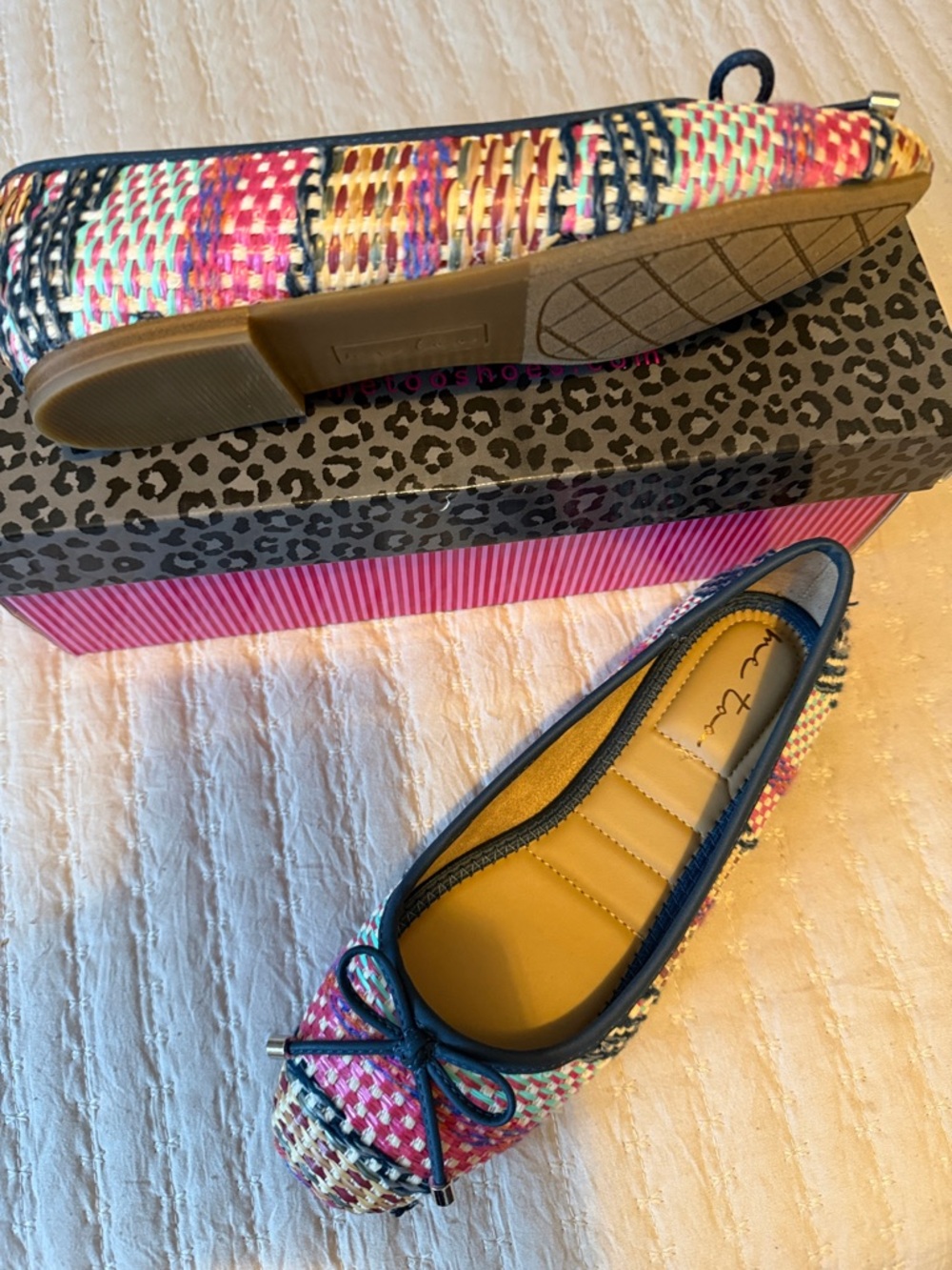 "me too" Pink Multicolor Woven Bow Ballet Flats with Navy Trim 6M    LOVE ❤️ NWT - Picture 8 of 8